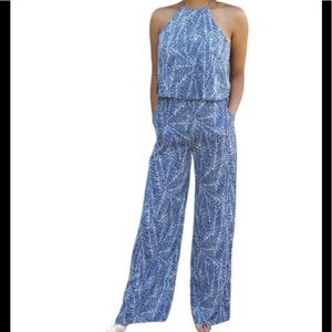 Tyche Blue/White Leaf Halter Jumpsuit NWT L